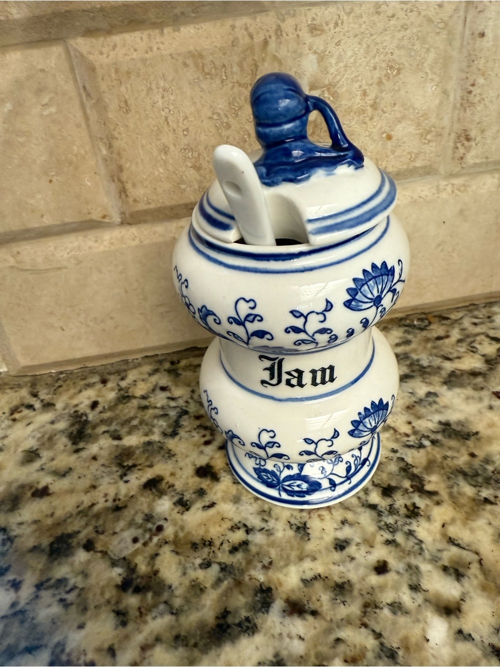 Blue and White Ceramic Jam Pot with Spoon